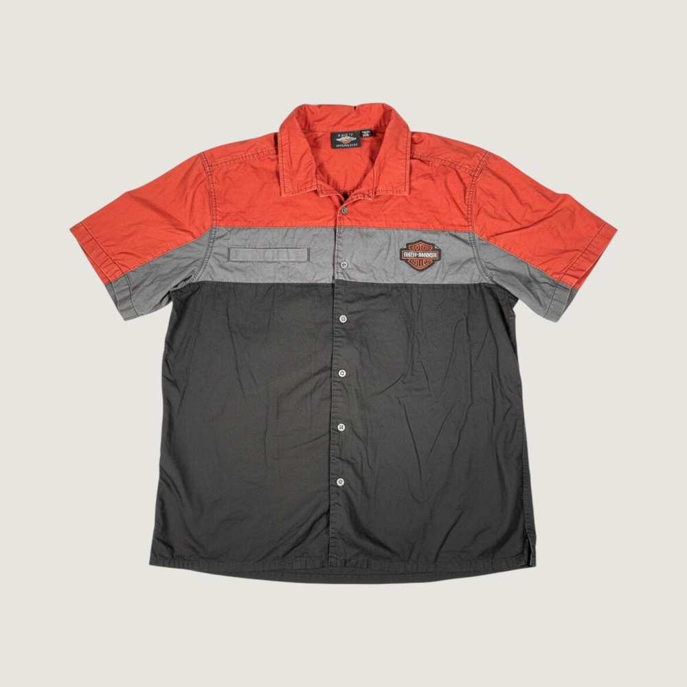 Harley-Davidson Mens 2XL Colorblock Short Sleeve Button Up Shirt Red Grey Black